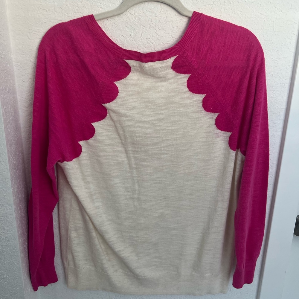 J CREW Scalloped Baseball Sweater Fuchsia and White